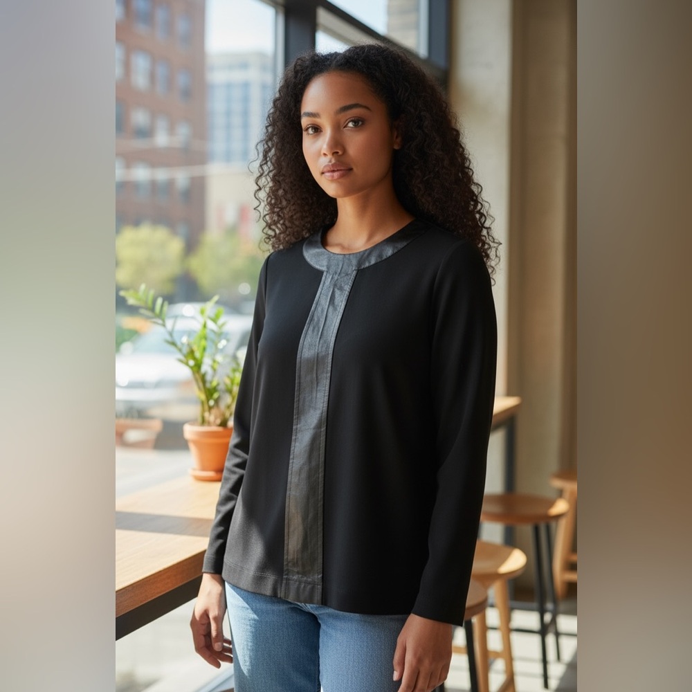 J. McLaughlin Black Long-Sleeve Blouse with Matte Trim
